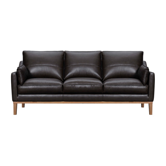 Dark Brown Leather Sofa & Toss Pillows With Brown Legs