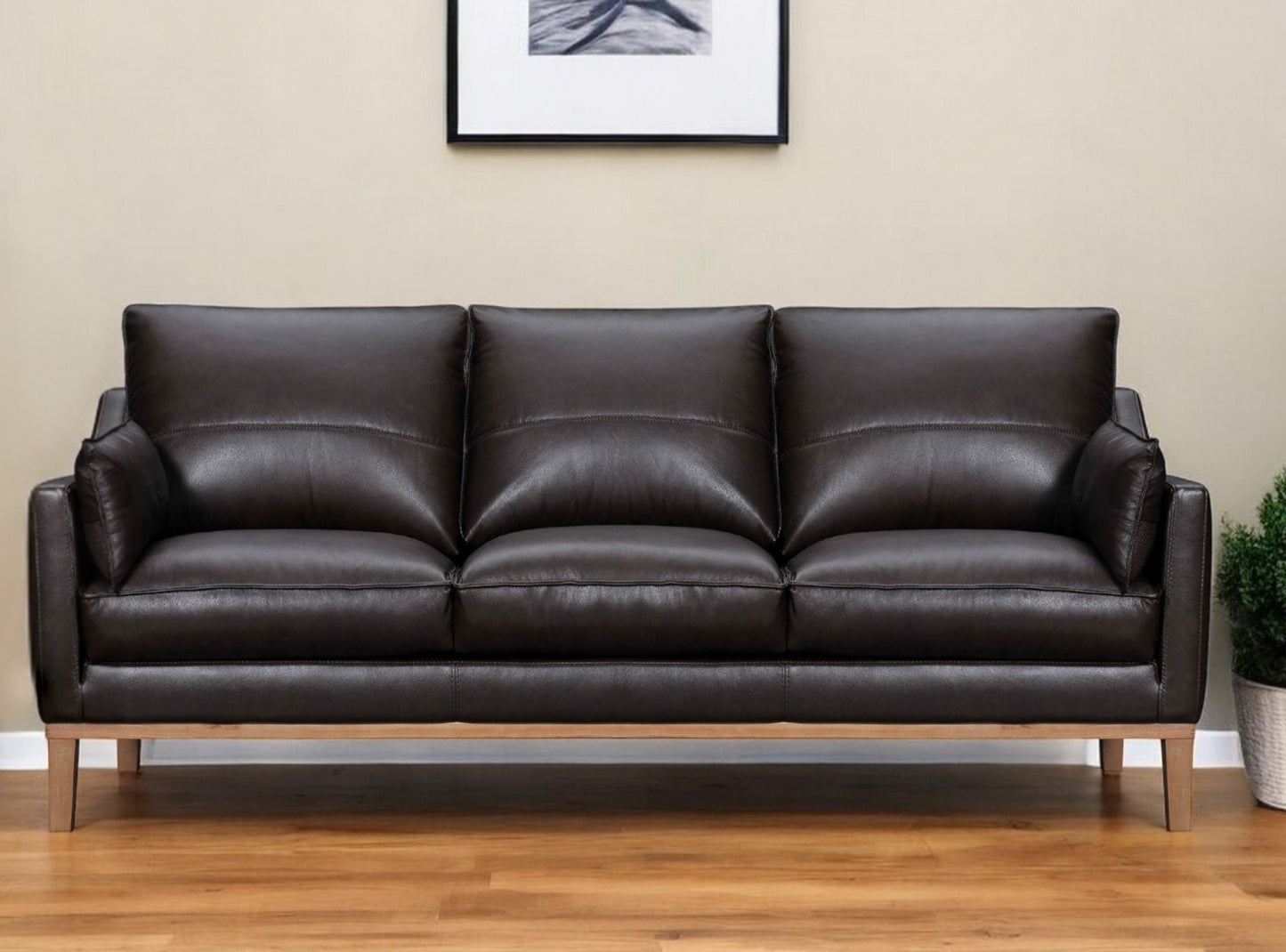Dark Brown Leather Sofa w/ Pillows