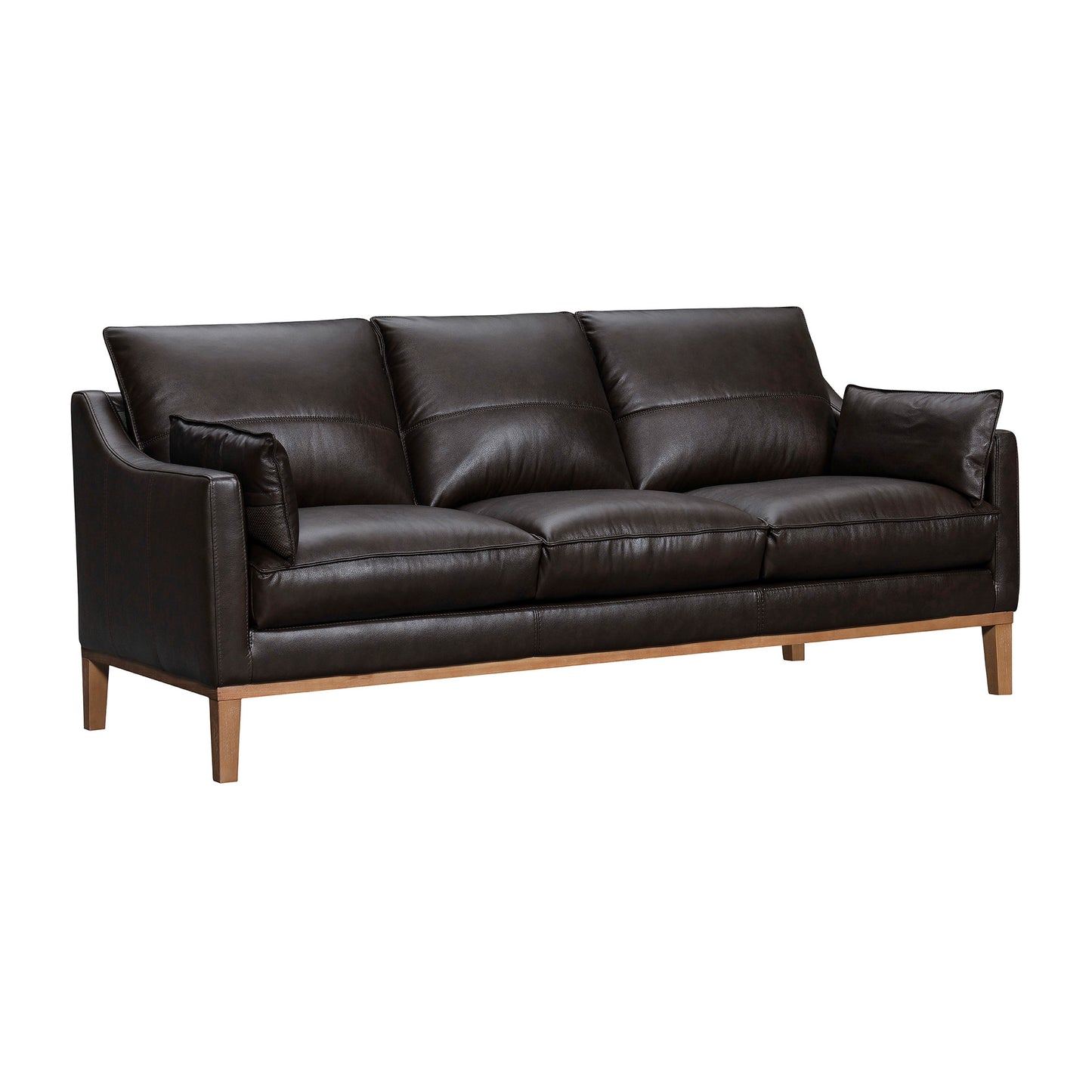 Dark Brown Leather Sofa & Toss Pillows With Brown Legs