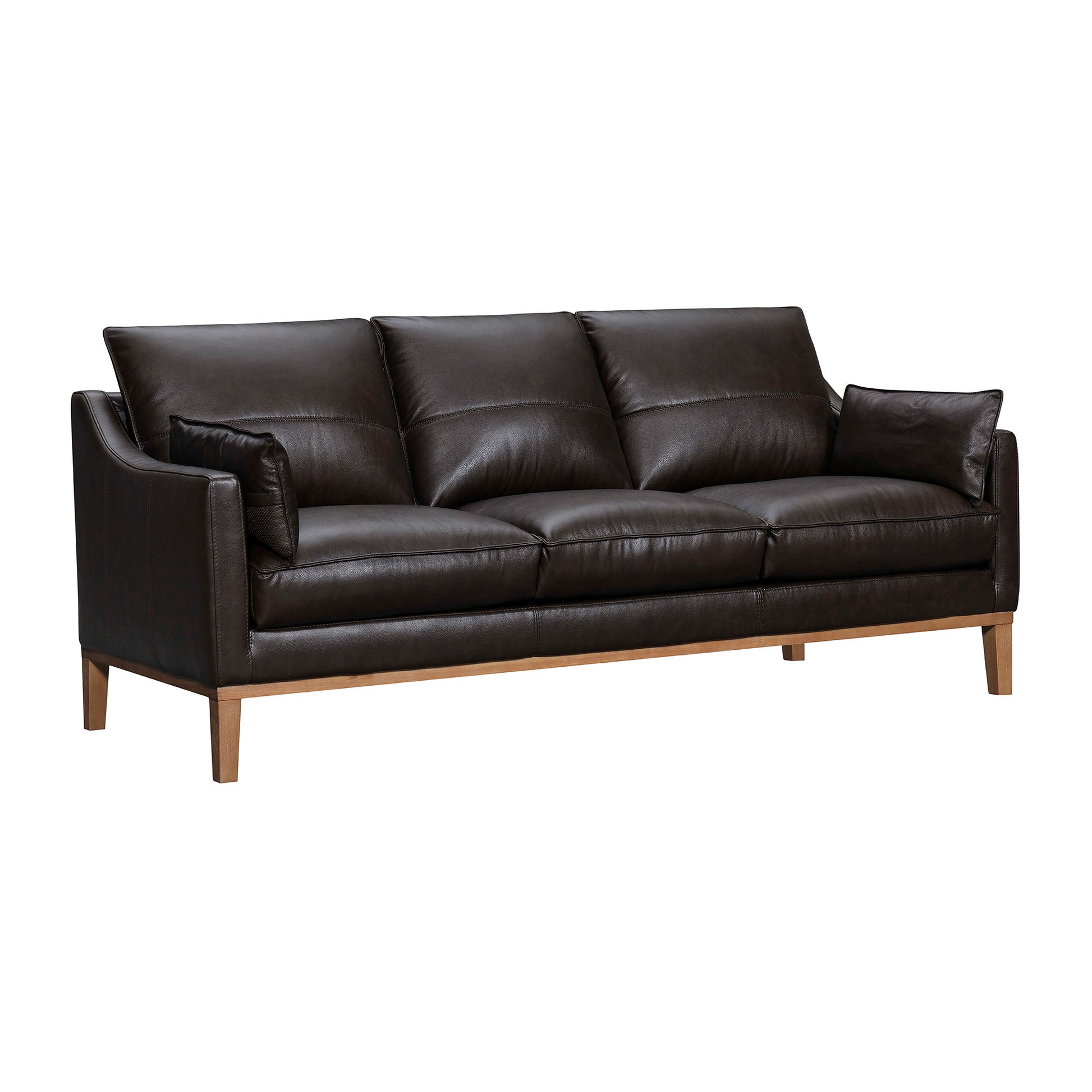 Dark Brown Leather Sofa & Toss Pillows With Brown Legs