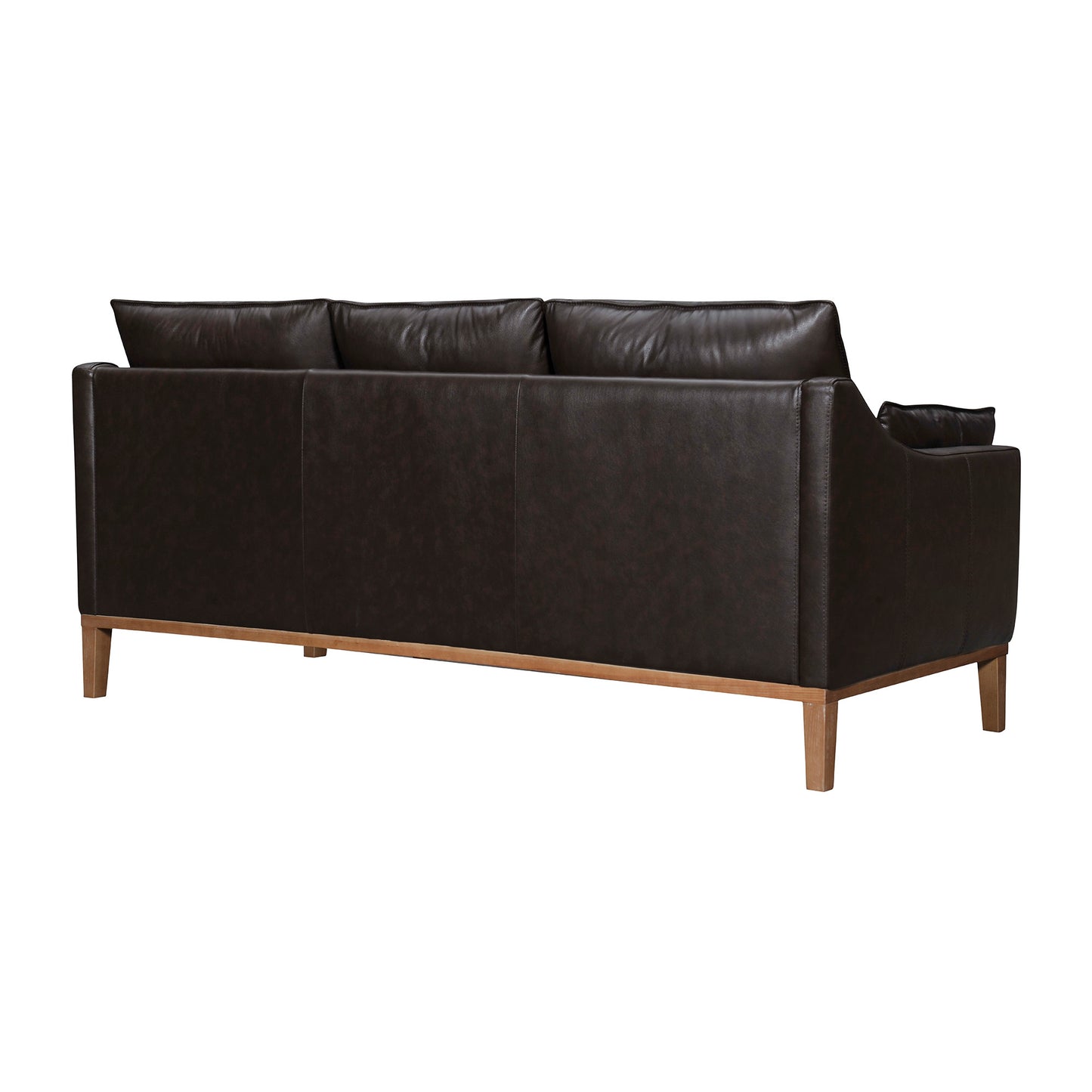 Dark Brown Leather Sofa & Toss Pillows With Brown Legs