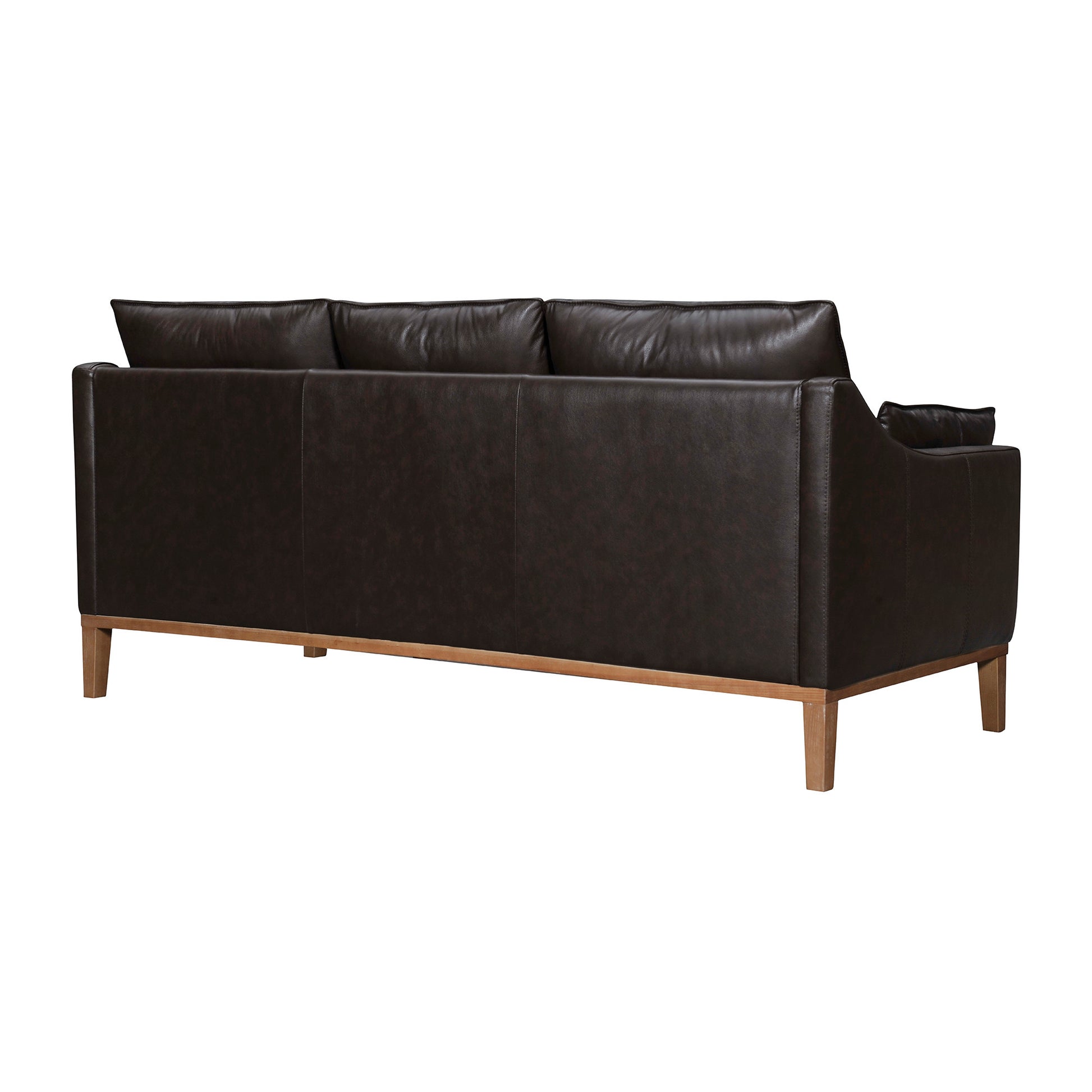 Dark Brown Leather Sofa & Toss Pillows With Brown Legs