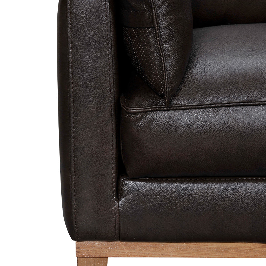 Dark Brown Leather Sofa & Toss Pillows With Brown Legs