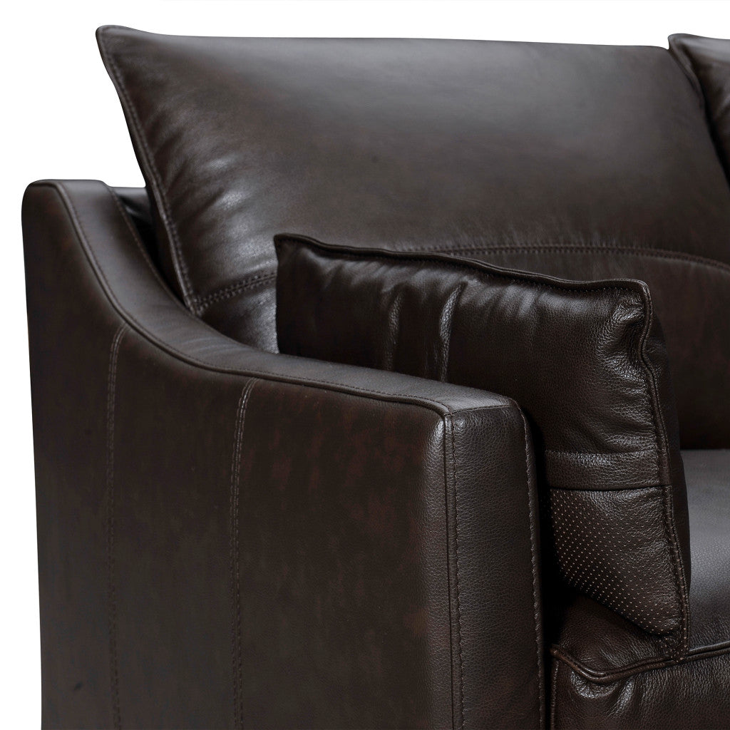 Dark Brown Leather Sofa & Toss Pillows With Brown Legs