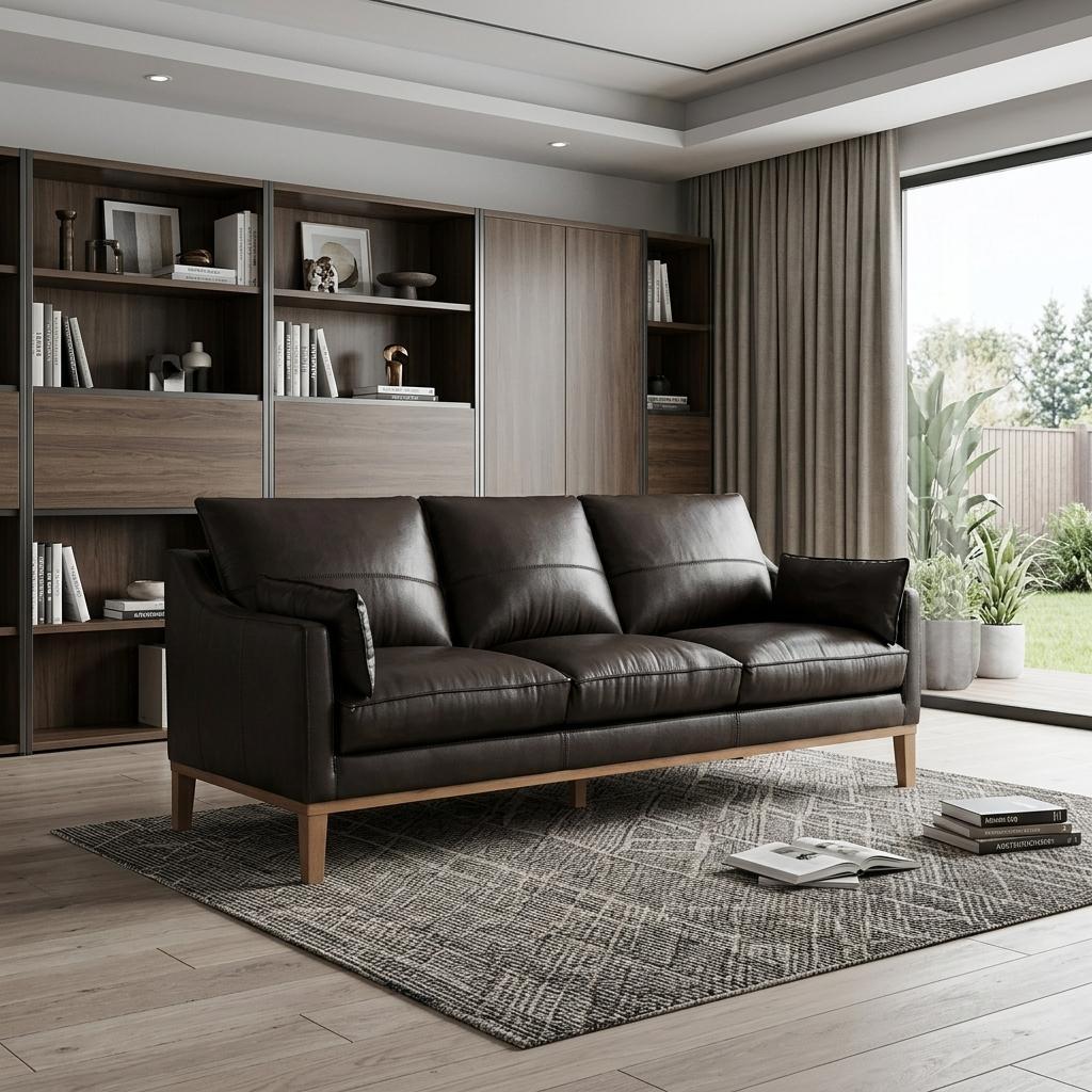 Dark Brown Leather Sofa & Toss Pillows With Brown Legs