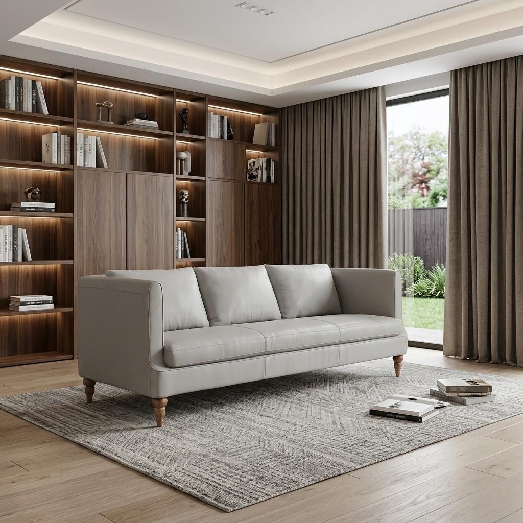 Gray Leather Sofa With Brown Legs