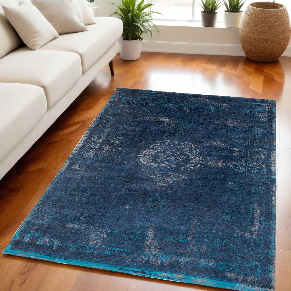 5 x 7 Blue & Gray Medallion Non Skid Rug