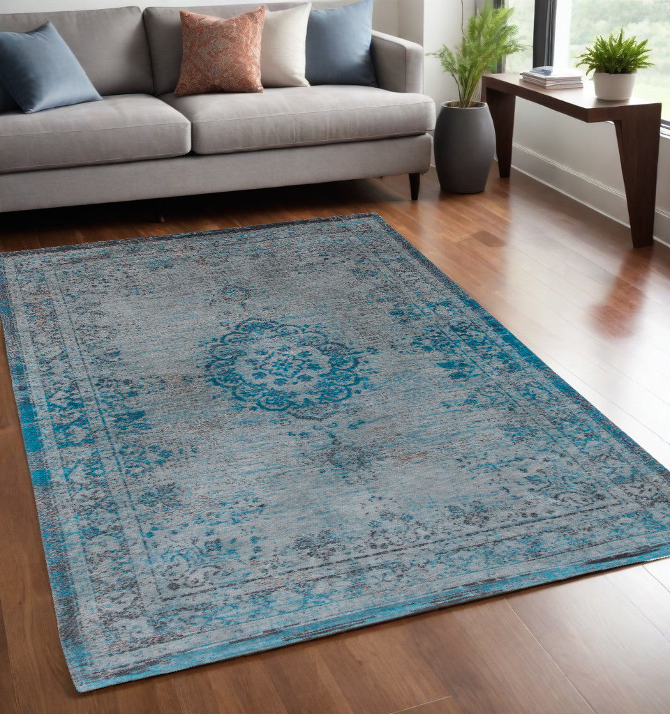 5 x 7 Gray & Green Medallion Non Skid Rug