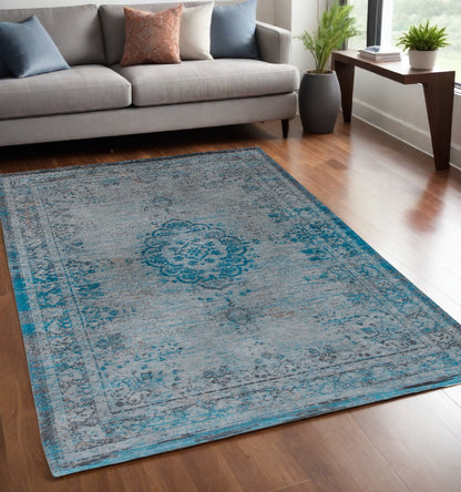 5 x 7 Gray & Green Medallion Non Skid Rug