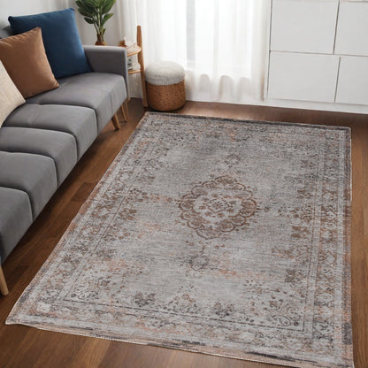 5 x 7 Gray & Beige Medallion Non Skid Rug