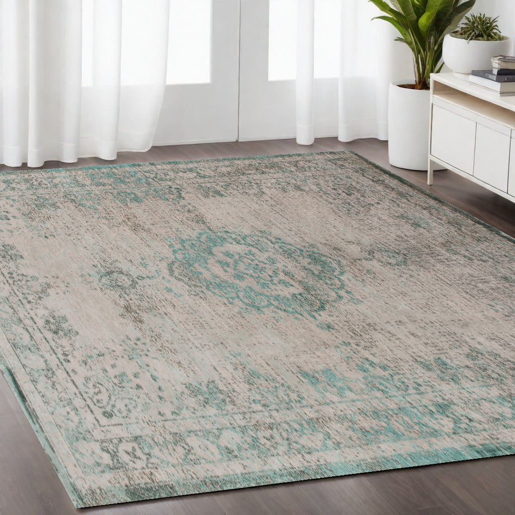5 x 7 Gray & Green Medallion Non Skid Rug