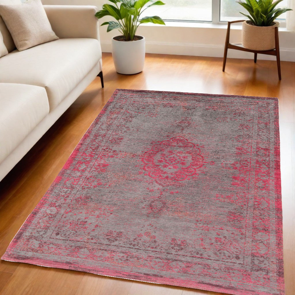 5 x 7 Gray & Pink Medallion Non Skid Rug