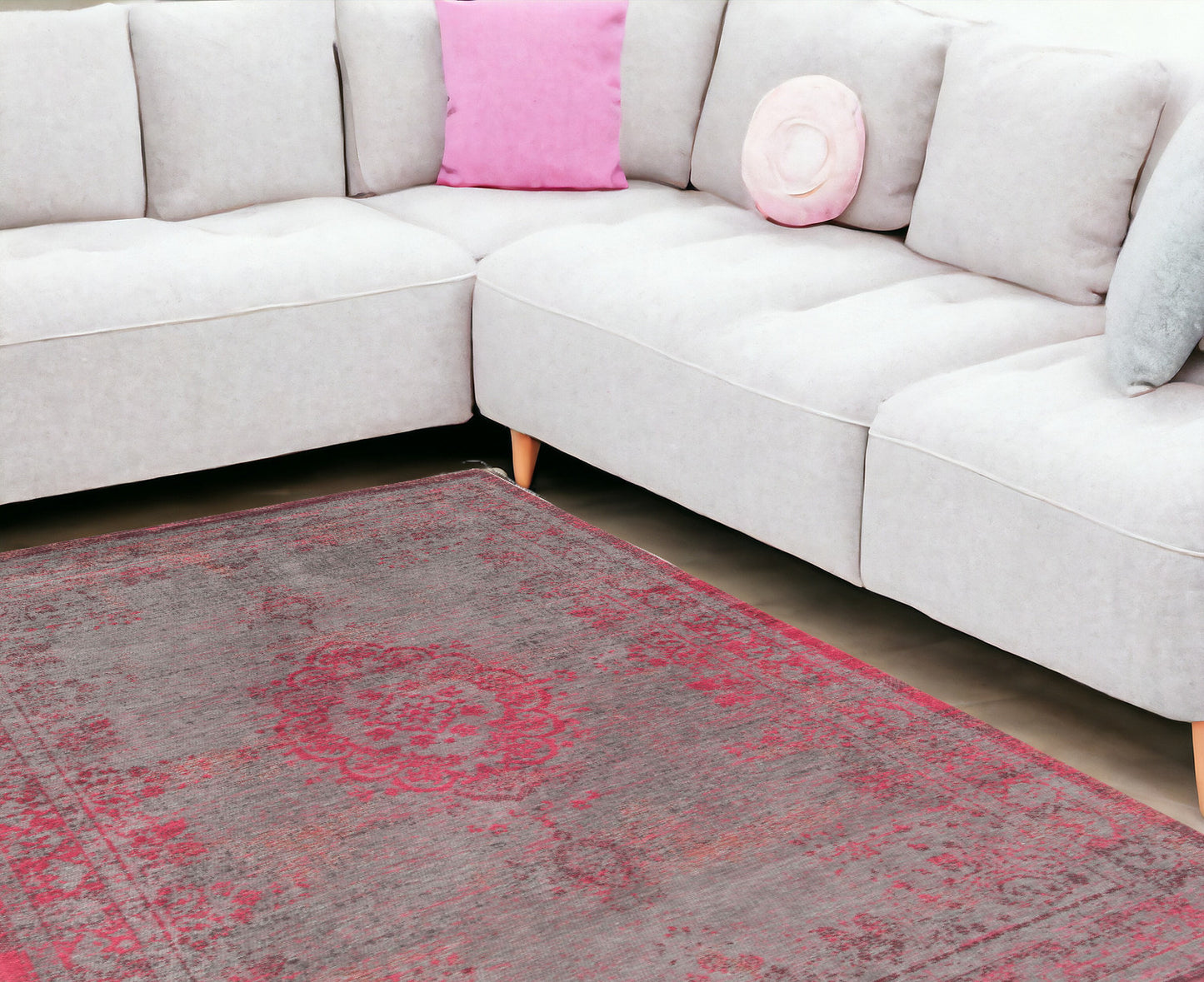 7 x 9 Gray & Pink Medallion Non Skid Rug