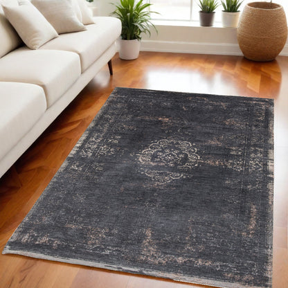 5 x 7 Gray & Black Medallion Non Skid Rug