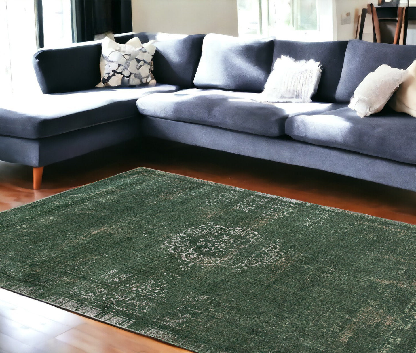 7 x 9 Gray & Green Medallion Non Skid Rug