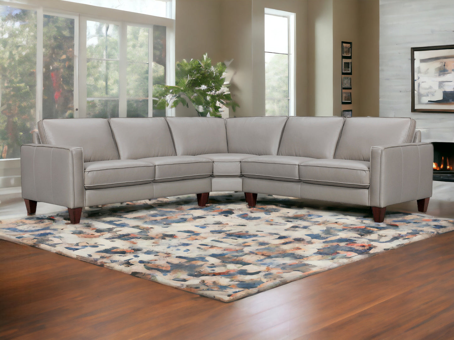 Gray Leather L Shaped 3 Piece Sectional