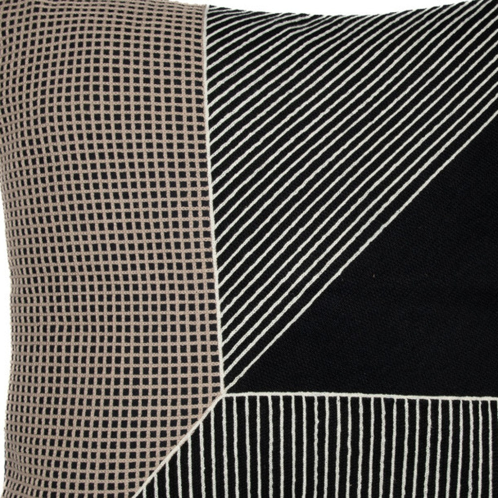 Black & White Geometric Cotton Pillow w/ Embroidery