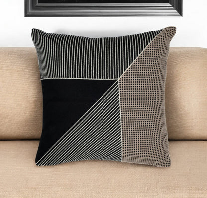 Black & White Geometric Cotton Pillow w/ Embroidery