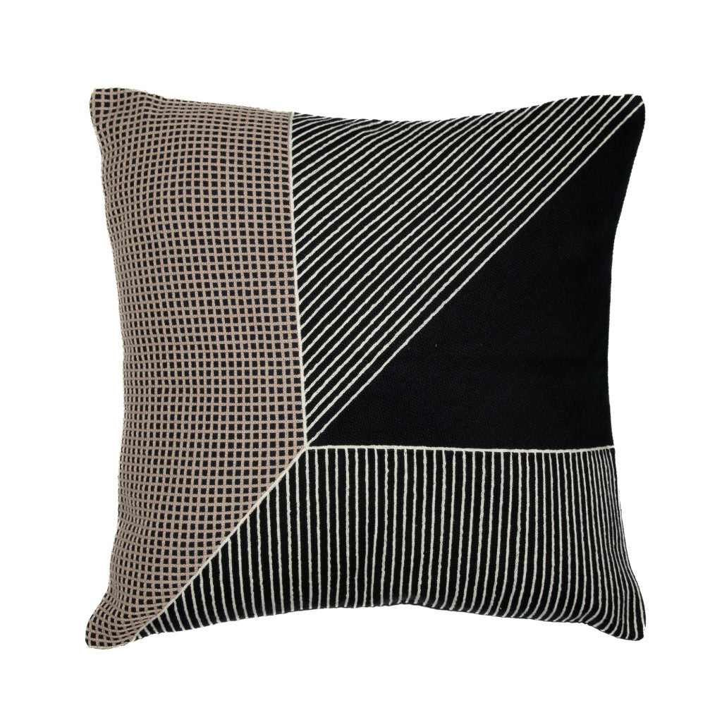 Black & White Geometric Cotton Pillow w/ Embroidery