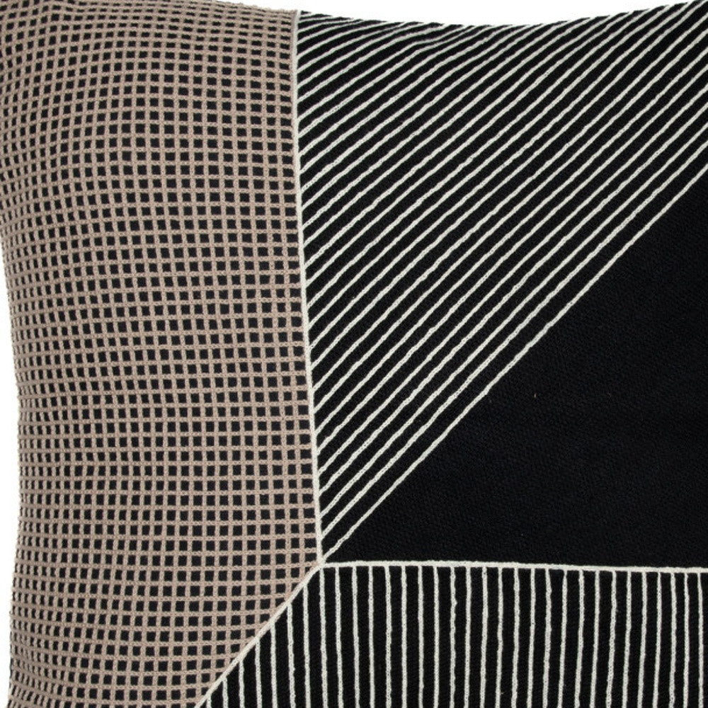 Black & White Geometric Cotton Pillow w/ Embroidery