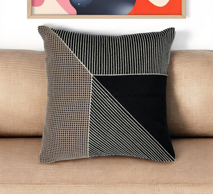 Black & White Geometric Cotton Pillow w/ Embroidery