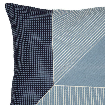 Blue & White Geometric Cotton Pillow w/ Embroidery