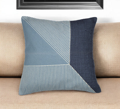 Blue & White Geometric Cotton Pillow w/ Embroidery