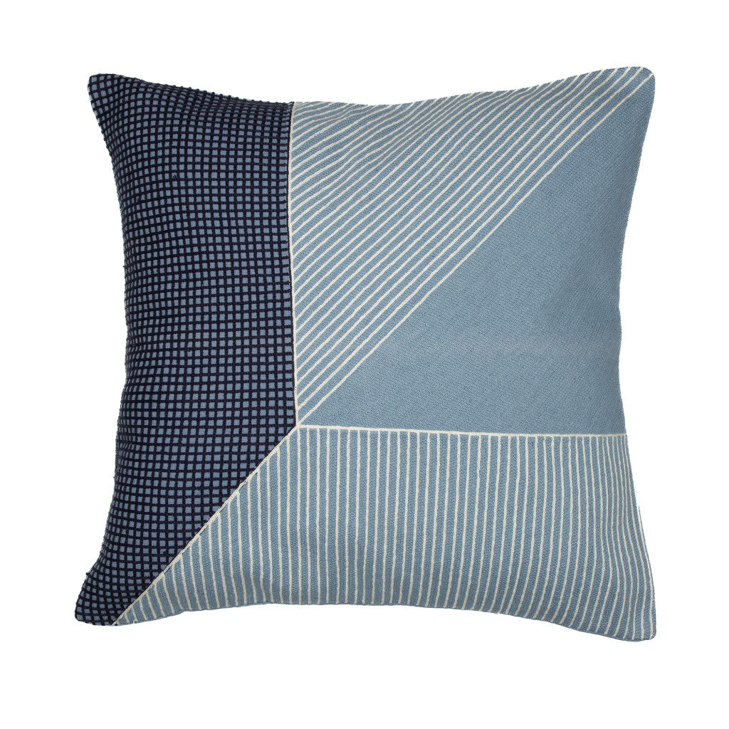 Blue & White Geometric Cotton Pillow w/ Embroidery