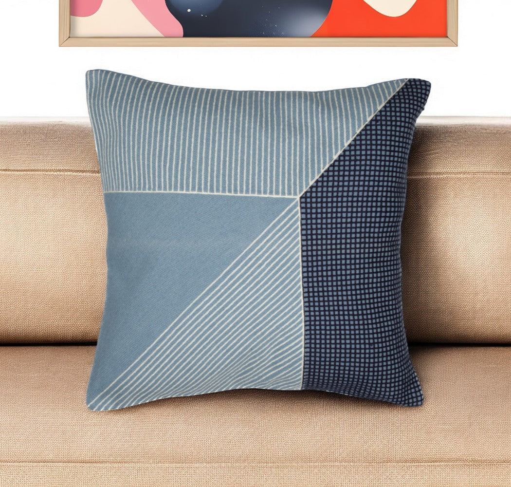Blue & White Geometric Cotton Pillow w/ Embroidery