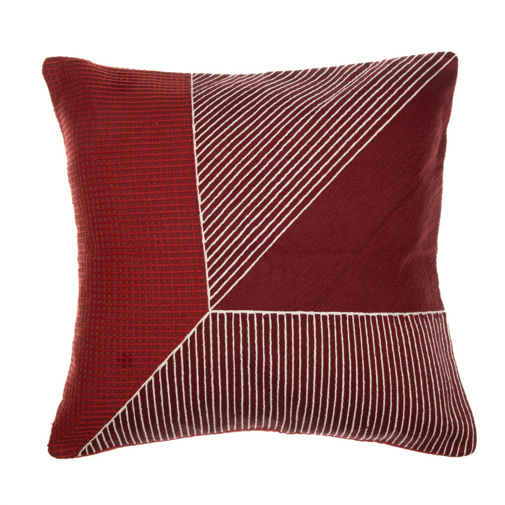 Red & White Geometric Cotton Pillow w/ Embroidery