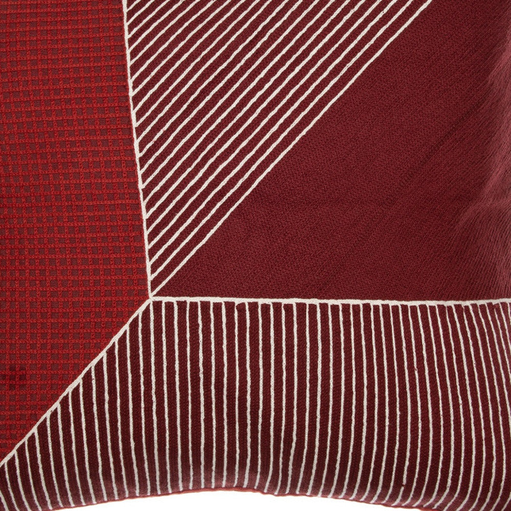 Red & White Geometric Cotton Pillow w/ Embroidery