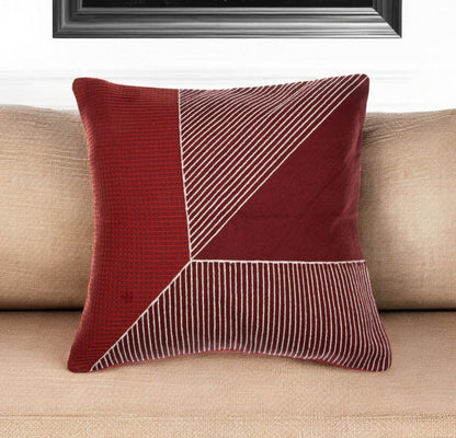 Red & White Geometric Cotton Pillow w/ Embroidery