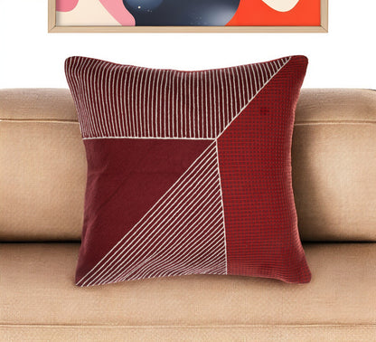 Red & White Geometric Cotton Pillow w/ Embroidery