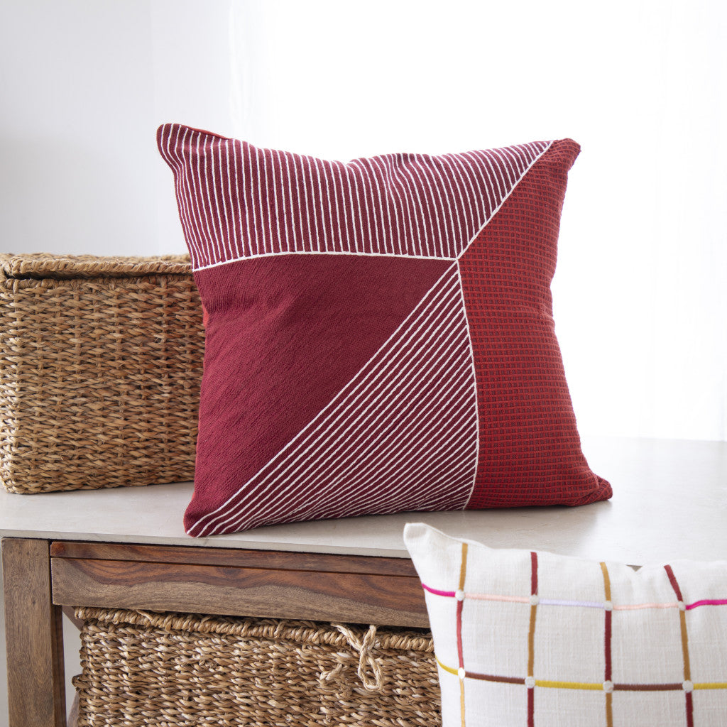 Red & White Geometric Cotton Pillow w/ Embroidery