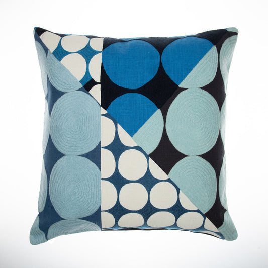 Blue & Ivory Geometric Cotton Pillow w/ Embroidery
