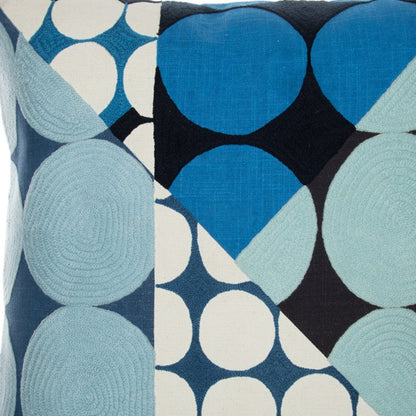 Blue & Ivory Geometric Cotton Pillow w/ Embroidery