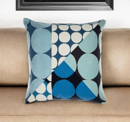 Blue & Ivory Geometric Cotton Pillow w/ Embroidery
