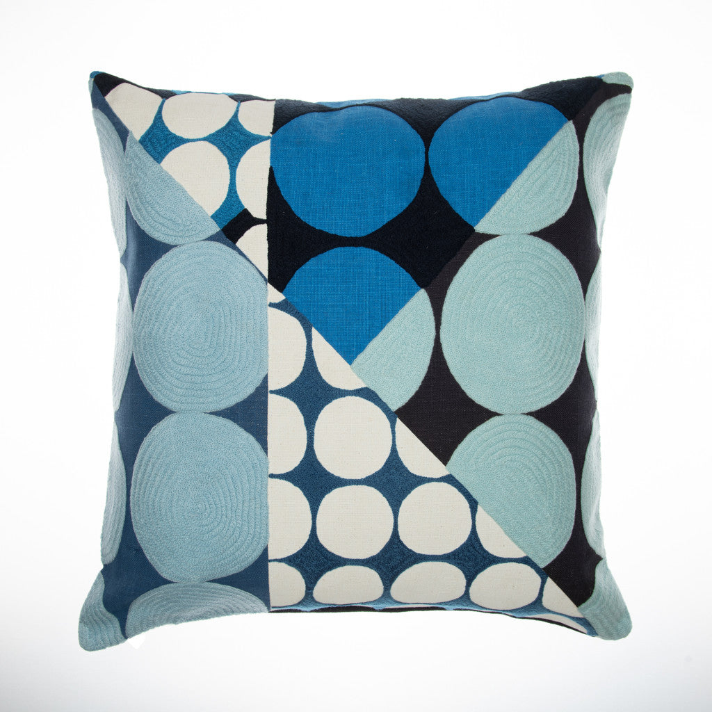 Blue & Ivory Geometric Cotton Pillow w/ Embroidery