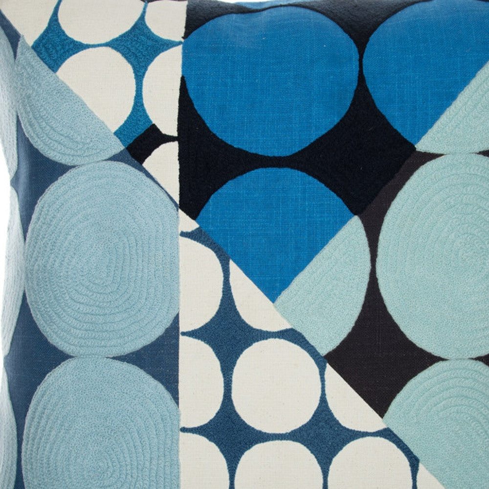 Blue & Ivory Geometric Cotton Pillow w/ Embroidery