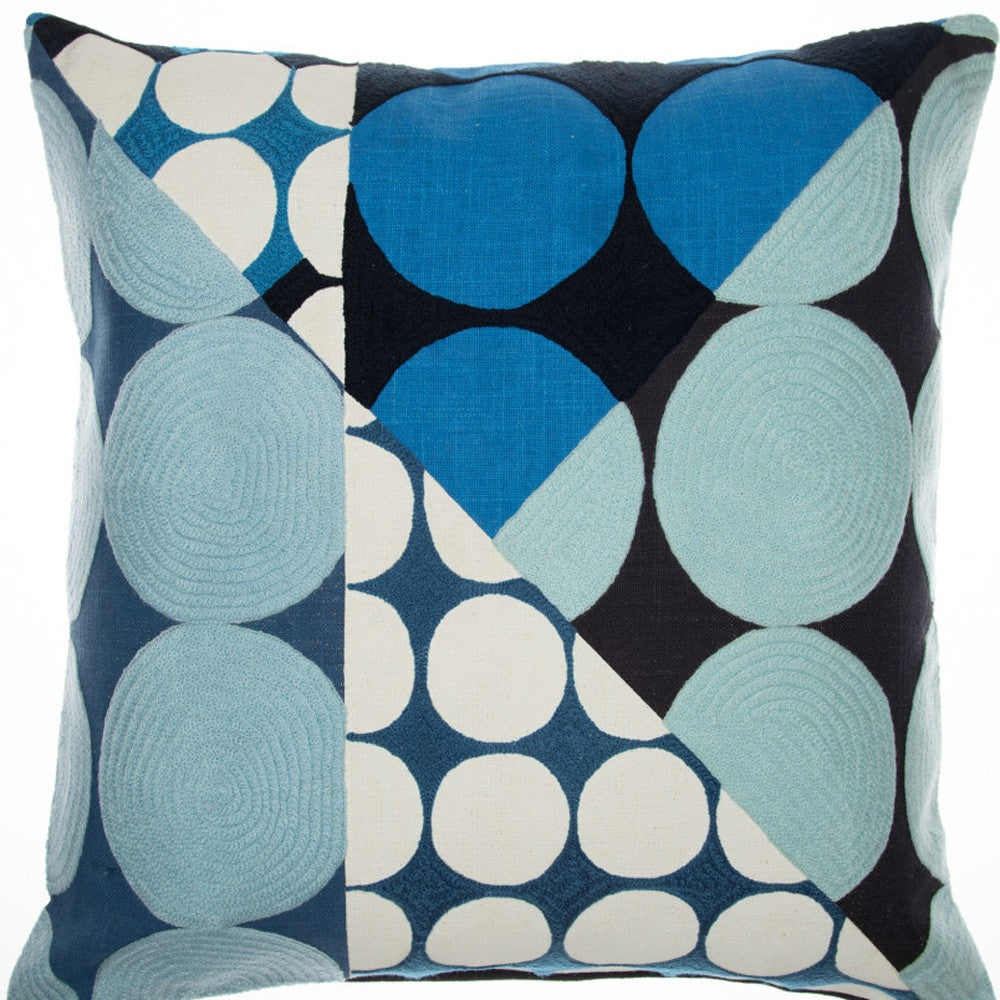 Blue & Ivory Geometric Cotton Pillow w/ Embroidery