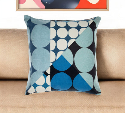 Blue & Ivory Geometric Cotton Pillow w/ Embroidery