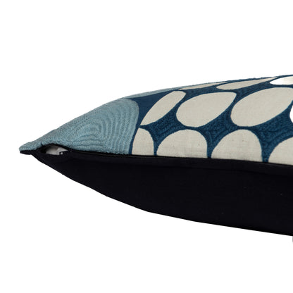 Blue & Ivory Geometric Cotton Pillow w/ Embroidery