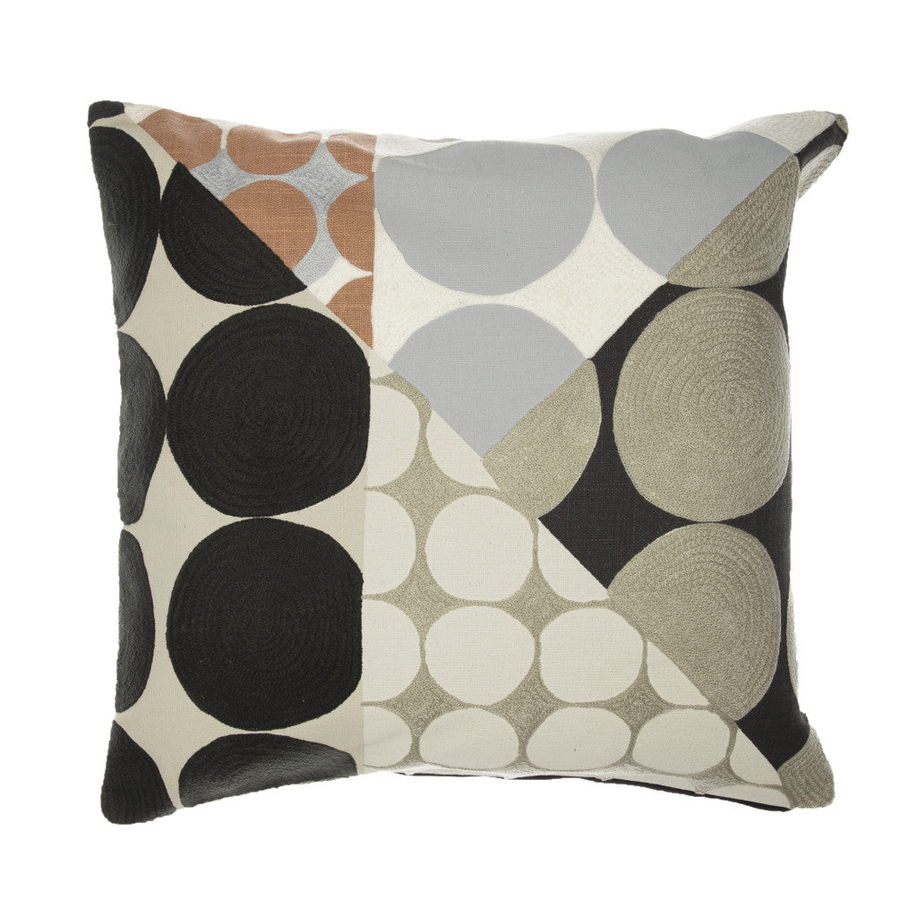 Beige & Black Geometric Cotton Pillow w/ Embroidery