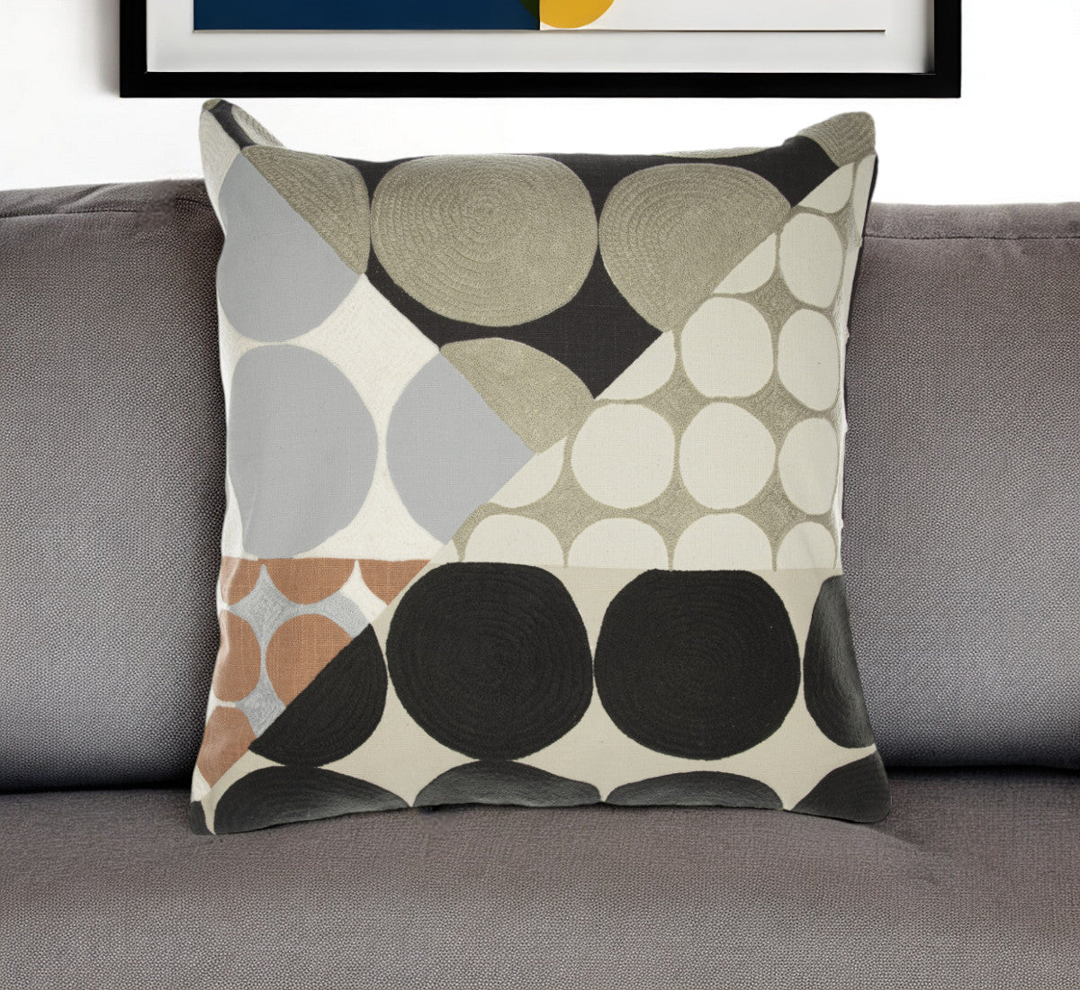 Beige & Black Geometric Cotton Pillow w/ Embroidery