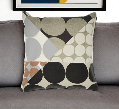 Beige & Black Geometric Cotton Pillow w/ Embroidery
