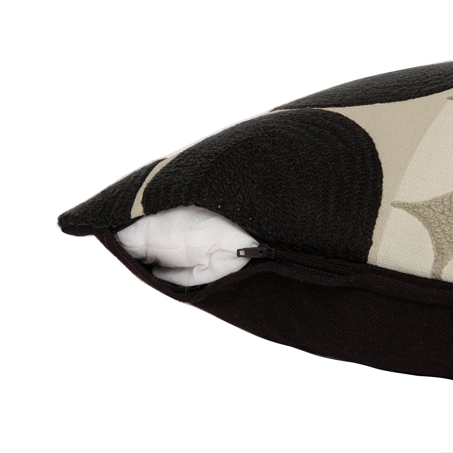 Beige & Black Geometric Cotton Pillow w/ Embroidery