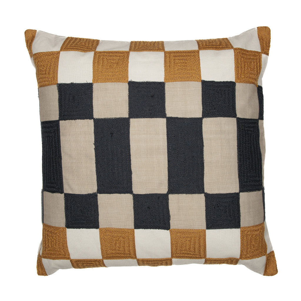 Navy Blue Check Pillow w/ Embroidery