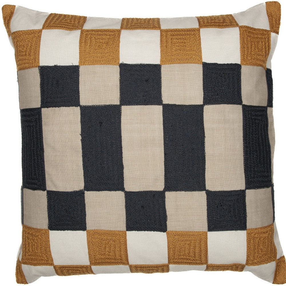 Navy Blue Check Pillow w/ Embroidery