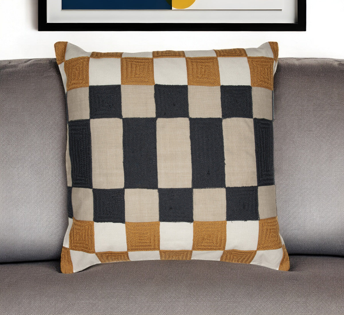 Navy Blue Check Pillow w/ Embroidery