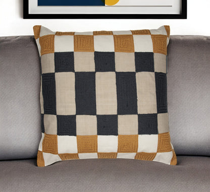 Navy Blue Check Pillow w/ Embroidery